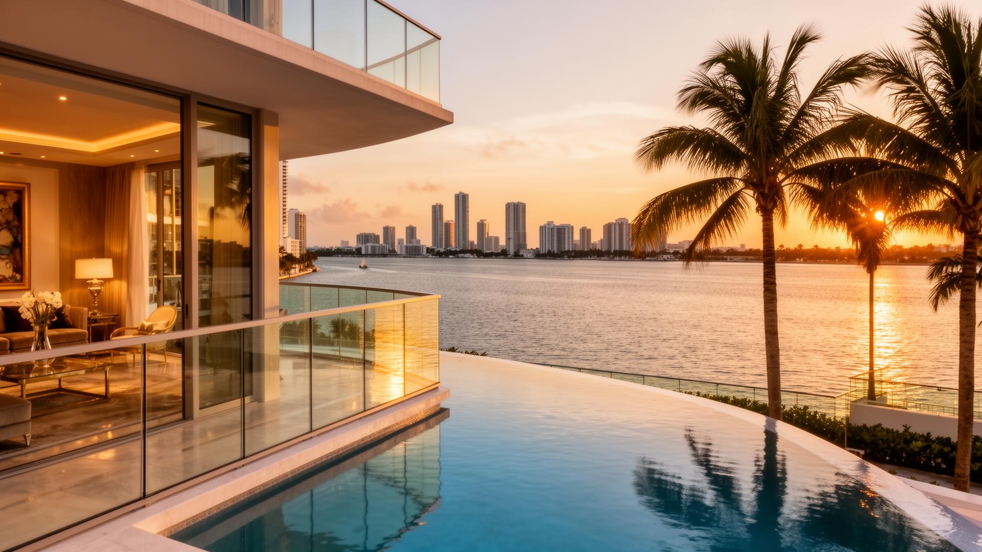 Luxury Miami waterfront property at sunset